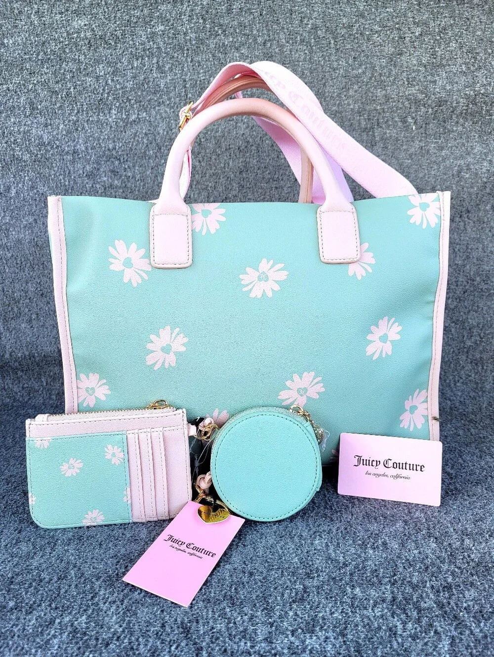 Juicy Couture Daisy For Juicy Tote Frosty Green Pink With Matching Card Wallet